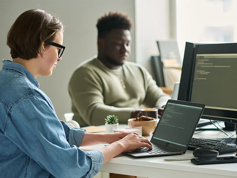 Software developers working together at their workstations