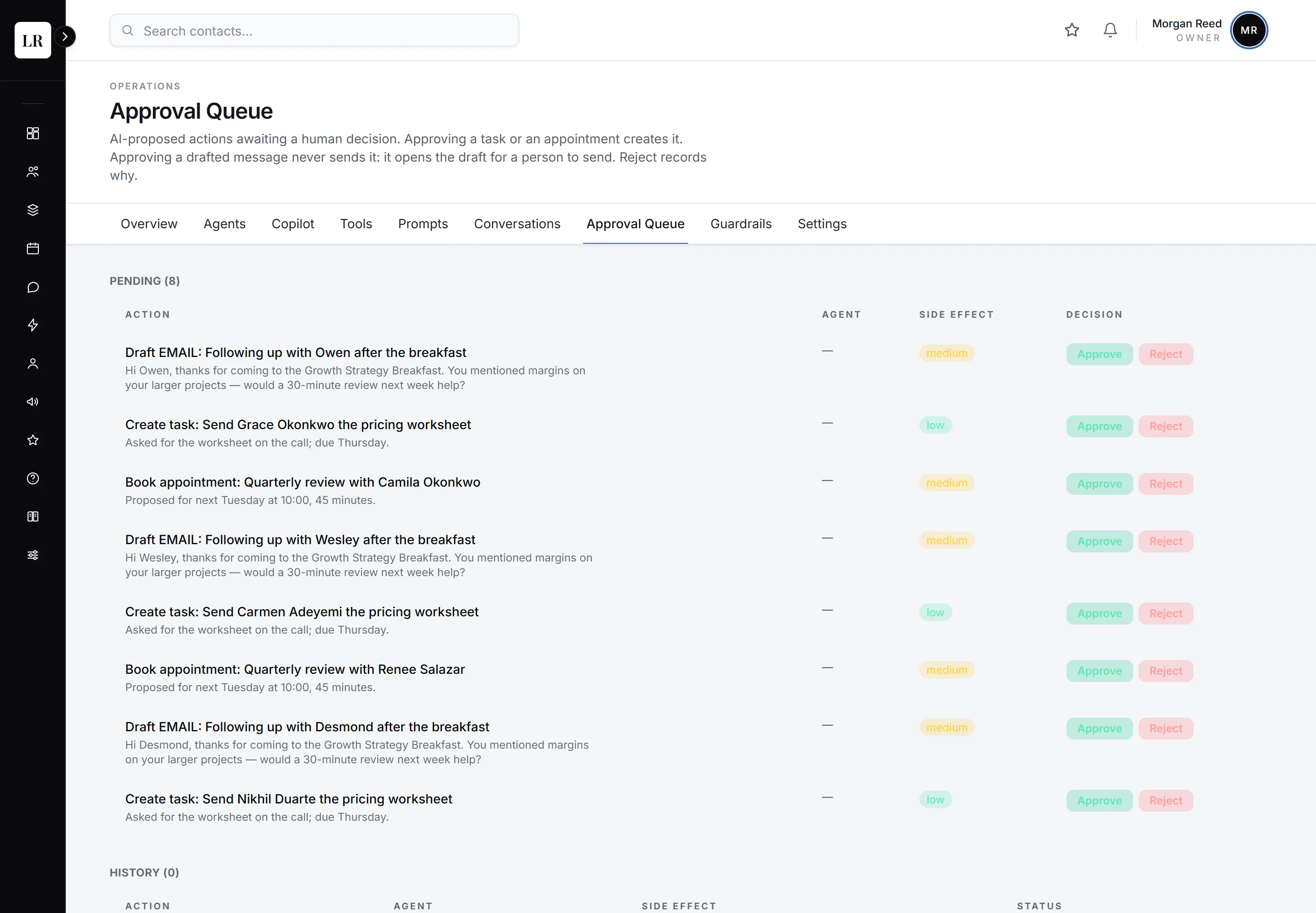 The AI approval queue in a demo workspace: draft emails, tasks and appointments the assistant proposed, each waiting for a person to approve or reject. Made-up data.