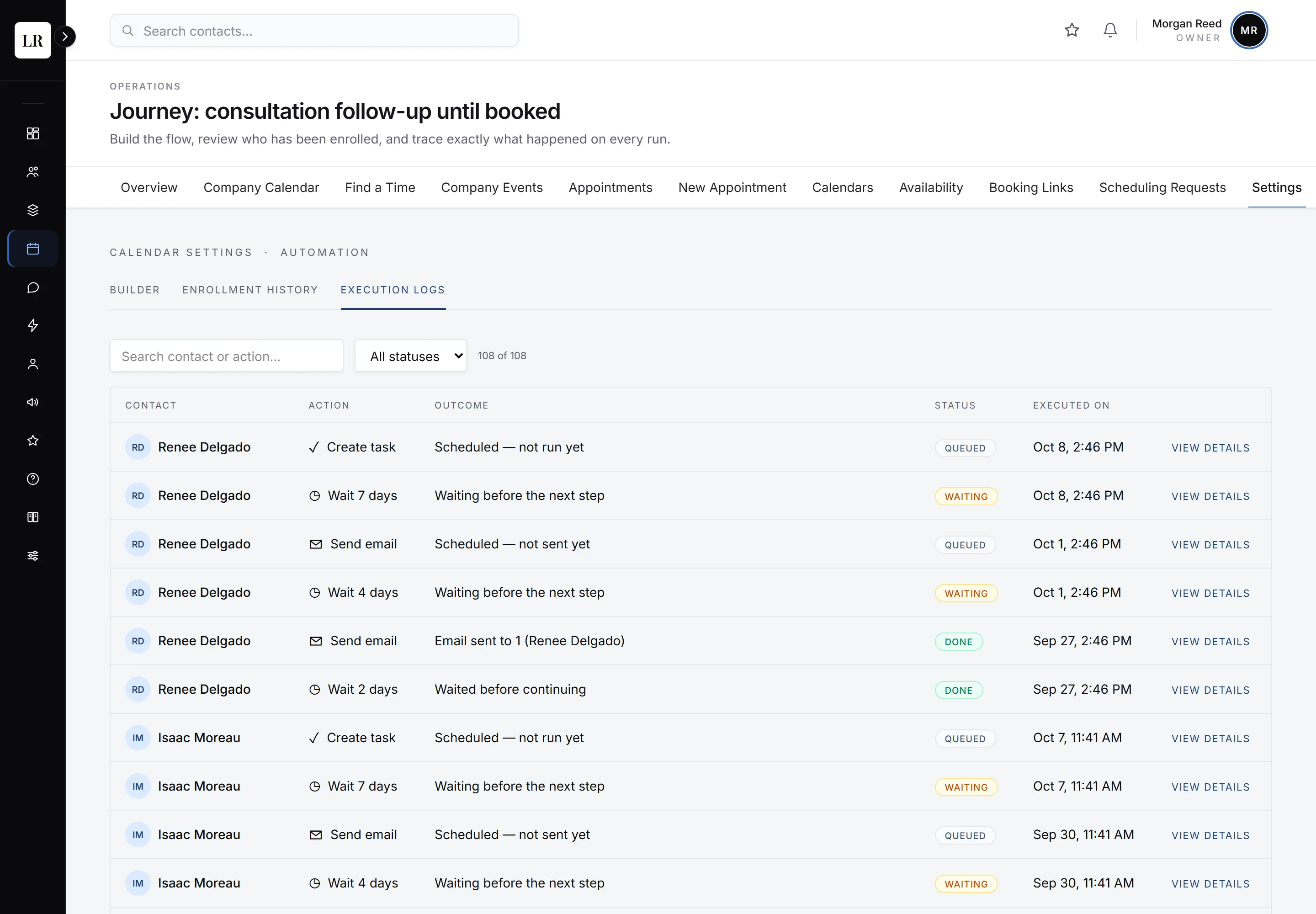 An automation’s execution log in a demo workspace: each contact’s steps (wait, send email, create task) with the outcome, status and time. Made-up data.