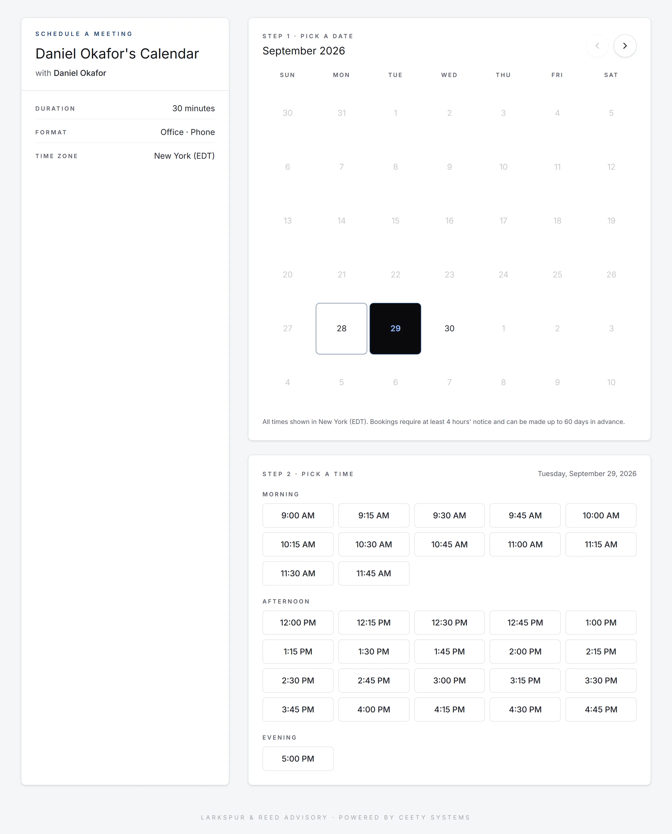 A public booking page in a demo workspace: the meeting’s duration and format, a calendar to pick a date, and times to pick from. Made-up data.