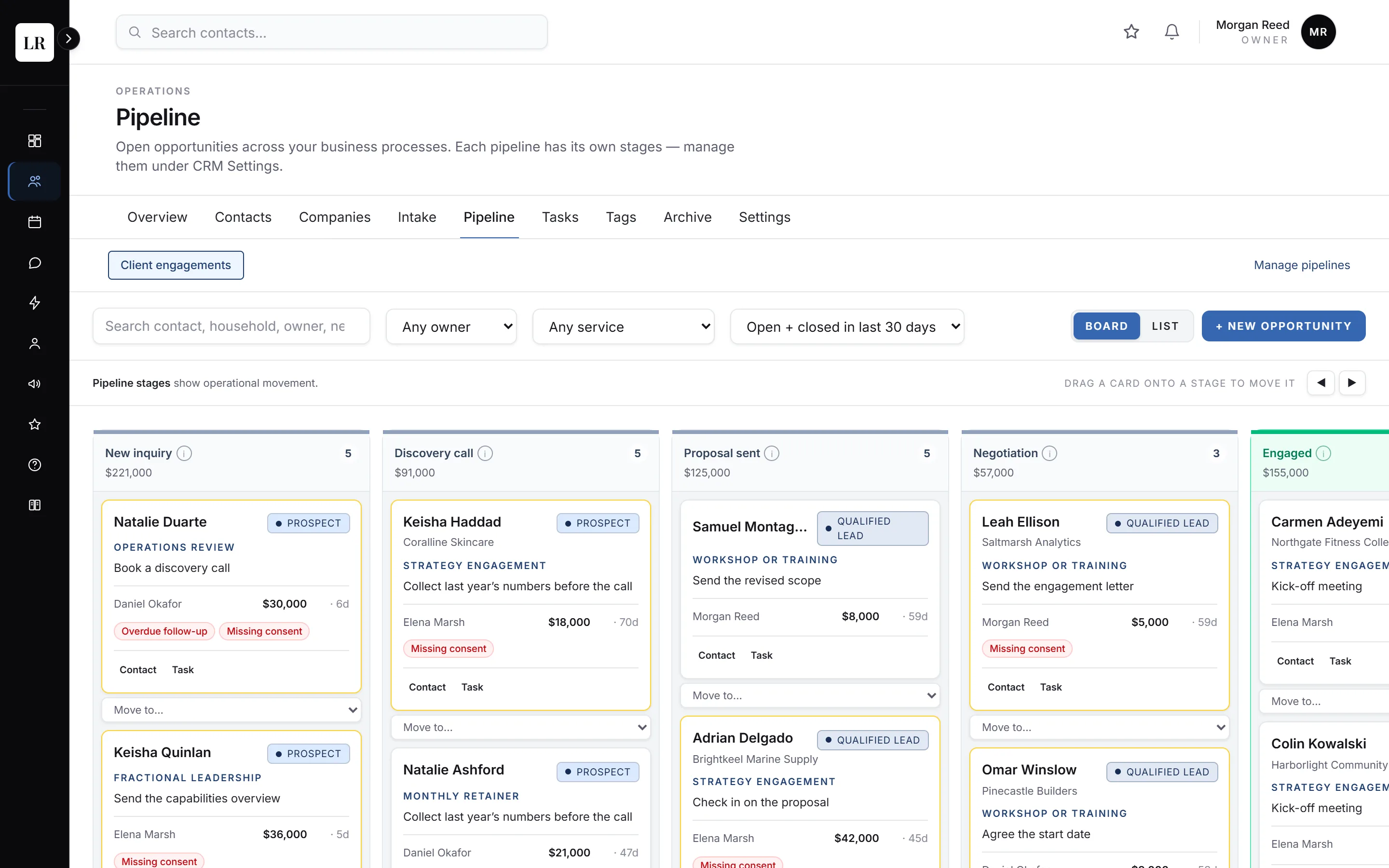 A pipeline board in a demo workspace: stages from new inquiry to engaged, with a card for each opportunity, its owner and next step. Made-up data.