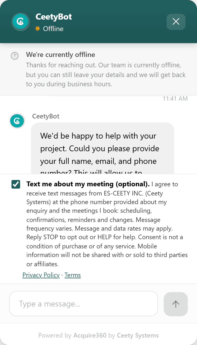 The website chat assistant on a phone, with the optional SMS consent box beneath the message field, ticked and showing its full consent wording and the Privacy Policy and Terms links.