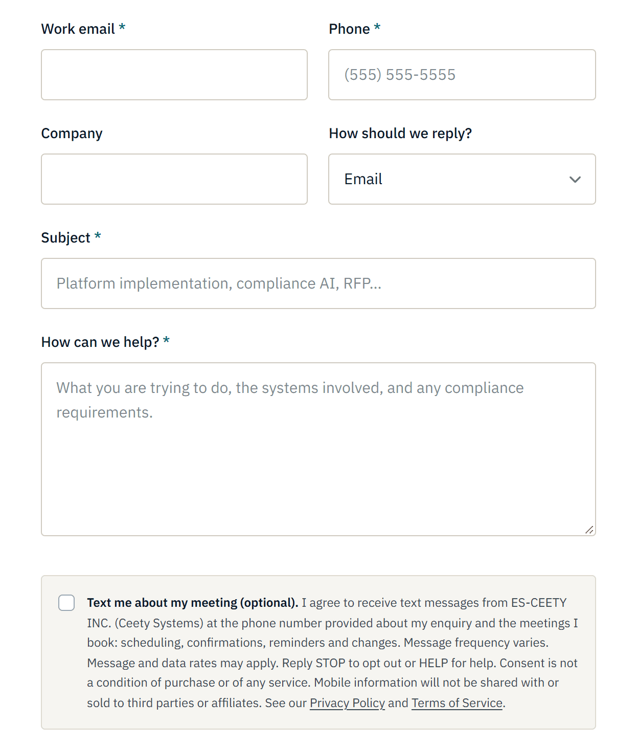 The contact form showing the phone number field and, beneath it, one unchecked checkbox with its full consent wording for text messages about a meeting.