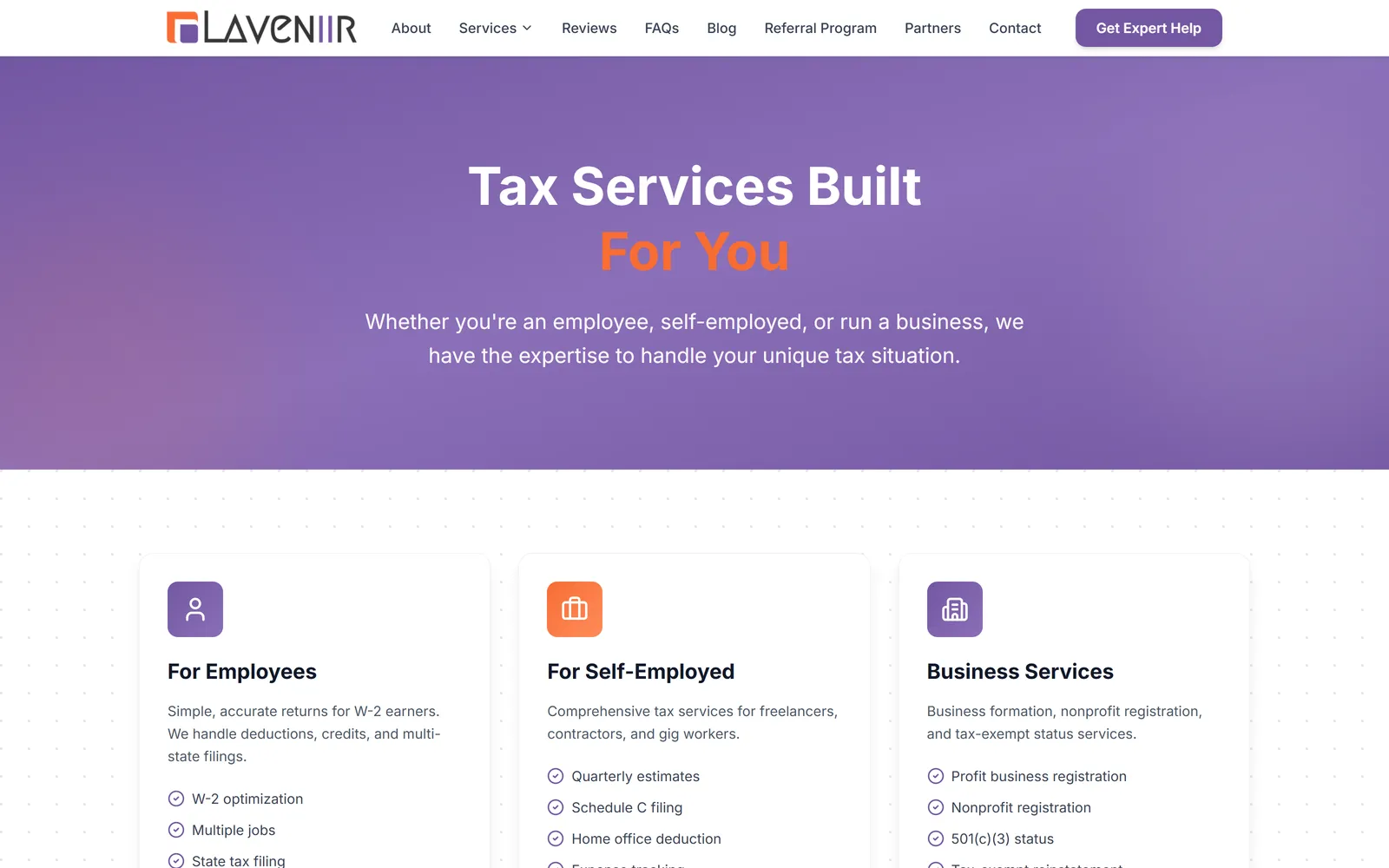 The Laveniir tax services page